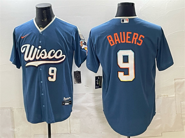 Men's Milwaukee Brewers #9 Jake Bauers Mineral Blue 2026 City Connect Stadium Stitched Baseball Jersey